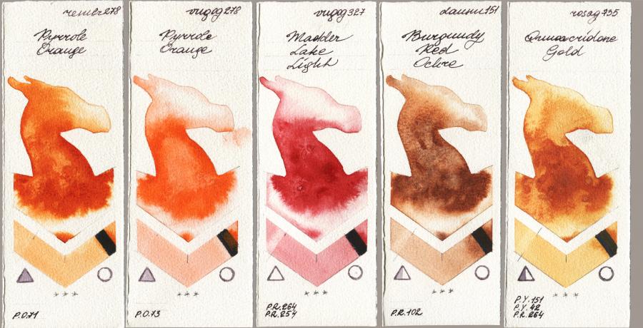Royal Talens Rembrandt Watercolour 278 Pyrrole Orange vs Royal Talens Van Gogh Watercolour 278 Pyrrole Orange vs 327 Madder Lake Light vs Daniel Smith 151 Burgundy Red Ochre vs Rosa Gallery 735 Quinacridone Gold watercolor swatch
