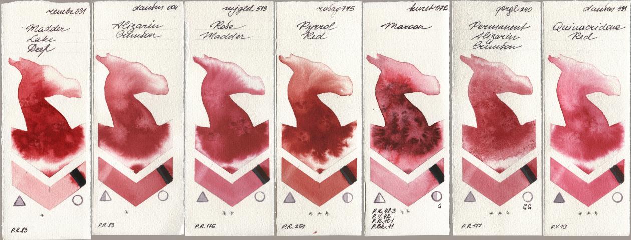 Royal Talens Rembrandt Watercolour 331 Madder Lake Deep, Daniel Smith 004 Alizarin Crimson, Mijello Mission Gold 513 Rose Madder, Rosa Gallery 775 Pyrrole Red, Kuretake Gansai Tambi 072 Maroon, Golden QOR 240 Permanent Alizarin Crimson, 091 Quinacridone R watercolor swatch