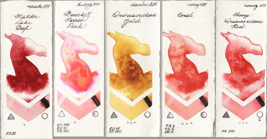 Royal Talens Rembrandt Watercolour 331 Madder Lake Deep vs Holbein Artists Watercolor 501 Bourkes Parrot Pink vs Daniel Smith 238 Quinacridone Gold vs Rosa Gallery 756 Coral vs Roman Szmal Aquarius 329 Cherry Quinacridone Red watercolor swatch