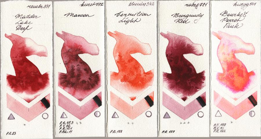 Royal Talens Rembrandt Watercolour 331 Madder Lake Deep vs Kuretake Gansai Tambi 072 Maroon vs Shminke Horadam Aquarell 342 Vermilion Light vs Rosa Gallery 781 Burgundy Red vs Holbein Artists Watercolor 501 Bourkes Parrot Pink watercolor swatch