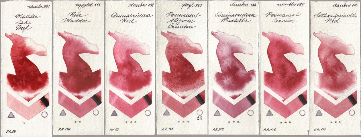 Royal Talens Rembrandt Watercolour 331 Madder Lake Deep, Mijello Mission Gold 513 Rose Madder, Daniel Smith 091 Quinacridone Red, Golden QOR 240 Permanent Alizarin Crimson, 132 Quinacridone Fuchsia, Maimeri Blu 167 Permanent Carmine, 005 Anthraquinoid R watercolor swatch