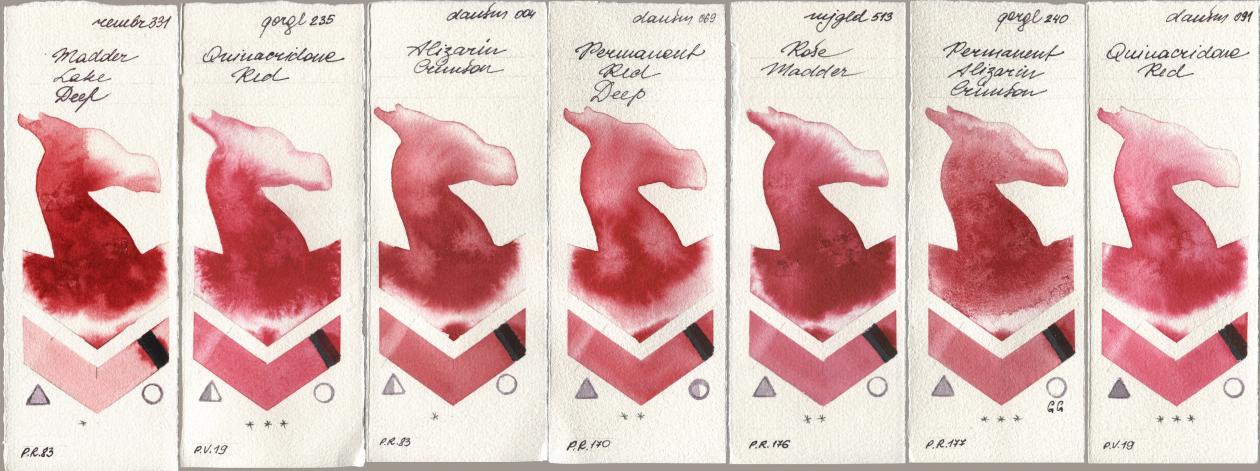 Royal Talens Rembrandt Watercolour 331 Madder Lake Deep, Golden QOR 235 Quinacridone Red, Daniel Smith 004 Alizarin Crimson, 069 Permanent Red Deep, Mijello Mission Gold 513 Rose Madder, 240 Permanent Alizarin Crimson, 091 Quinacridone R watercolor swatch