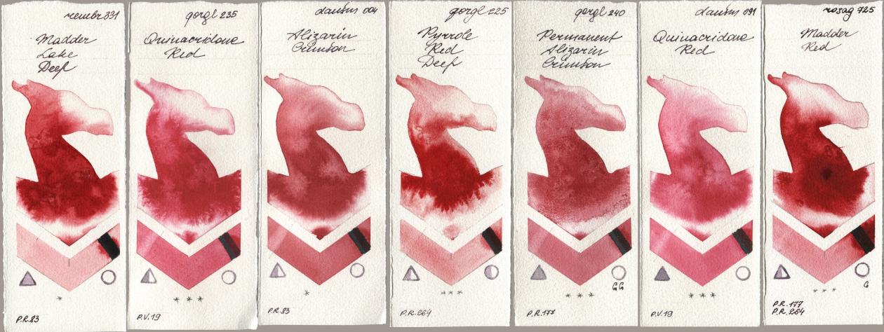 Royal Talens Rembrandt Watercolour 331 Madder Lake Deep, Golden QOR 235 Quinacridone Red, Daniel Smith 004 Alizarin Crimson, 225 Pyrrole Red Deep, 240 Permanent Alizarin Crimson, 091 Quinacridone Red, Rosa Gallery 725 Madder R watercolor swatch