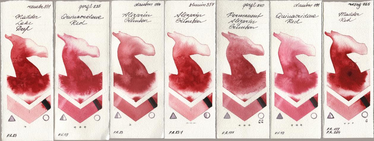 Royal Talens Rembrandt Watercolour 331 Madder Lake Deep, Golden QOR 235 Quinacridone Red, Daniel Smith 004 Alizarin Crimson, Shminke Horadam Aquarell 357 Alizarin Crimson, 240 Permanent Alizarin Crimson, 091 Quinacridone Red, Rosa Gallery 725 Madder R watercolor swatch