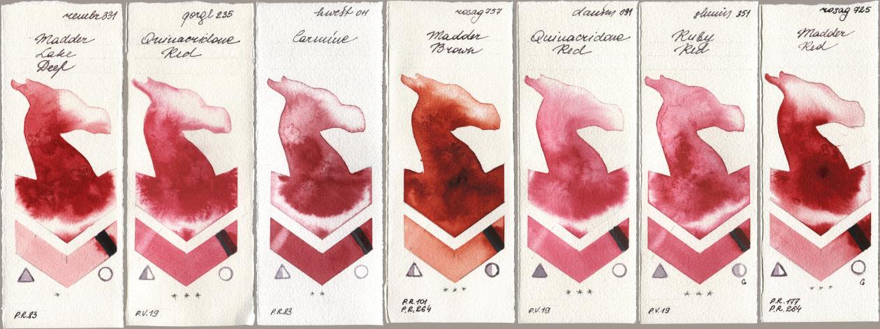 Royal Talens Rembrandt Watercolour 331 Madder Lake Deep, Golden QOR 235 Quinacridone Red, Holbein Artists Watercolor 011 Carmine, Rosa Gallery 757 Madder Brown, Daniel Smith 091 Quinacridone Red, Shminke Horadam Aquarell 351 Ruby Red, 725 Madder R watercolor swatch
