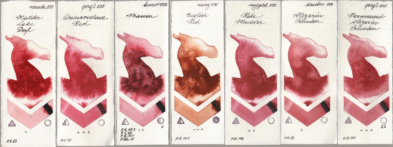 Royal Talens Rembrandt Watercolour 331 Madder Lake Deep, Golden QOR 235 Quinacridone Red, Kuretake Gansai Tambi 072 Maroon, Rosa Gallery 736 English Red, Mijello Mission Gold 513 Rose Madder, Daniel Smith 004 Alizarin Crimson, 240 Permanent Alizarin Crims watercolor swatch