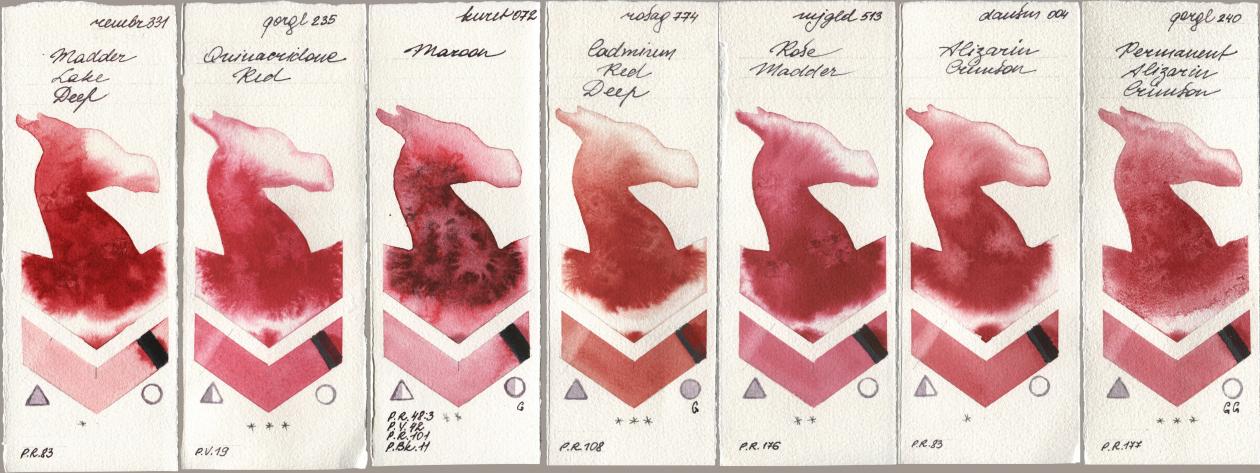 Royal Talens Rembrandt Watercolour 331 Madder Lake Deep, Golden QOR 235 Quinacridone Red, Kuretake Gansai Tambi 072 Maroon, Rosa Gallery 774 Cadmium Red Deep, Mijello Mission Gold 513 Rose Madder, Daniel Smith 004 Alizarin Crimson, 240 Permanent Alizarin Crims watercolor swatch
