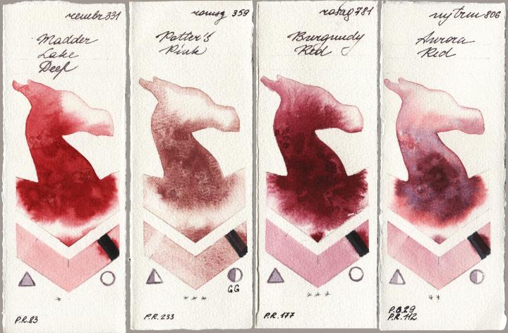 Royal Talens Rembrandt Watercolour 331 Madder Lake Deep vs Roman Szmal Aquarius 359 Potters Pink vs Rosa Gallery 781 Burgundy Red vs Mijello Mission Gold 806 Aurora Red watercolor swatch