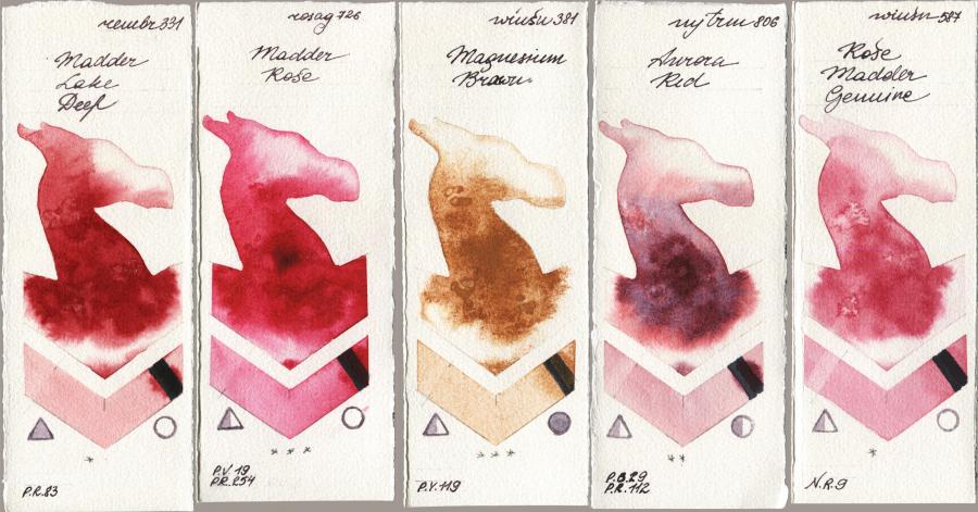 Royal Talens Rembrandt Watercolour 331 Madder Lake Deep vs Rosa Gallery 726 Madder Rose vs Winsor & Newton Professional 381 Magnesuim Brown vs Mijello Mission Gold 806 Aurora Red vs 587 Rose Madder Genuine watercolor swatch