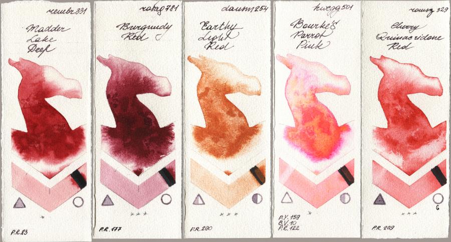 Royal Talens Rembrandt Watercolour 331 Madder Lake Deep vs Rosa Gallery 781 Burgundy Red vs Daniel Smith 254 Earthy Light Red vs Holbein Artists Watercolor 501 Bourkes Parrot Pink vs Roman Szmal Aquarius 329 Cherry Quinacridone Red watercolor swatch