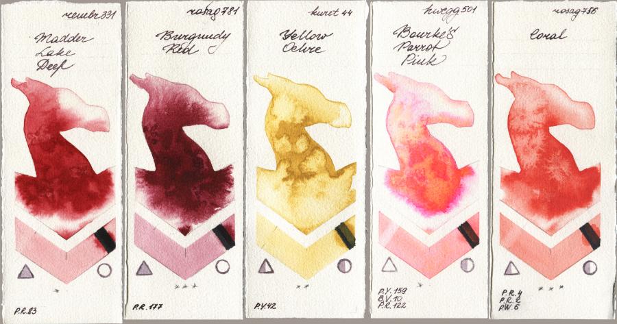 Royal Talens Rembrandt Watercolour 331 Madder Lake Deep vs Rosa Gallery 781 Burgundy Red vs Kuretake Gansai Tambi 044 Yellow Ochre vs Holbein Artists Watercolor 501 Bourkes Parrot Pink vs 756 Coral watercolor swatch