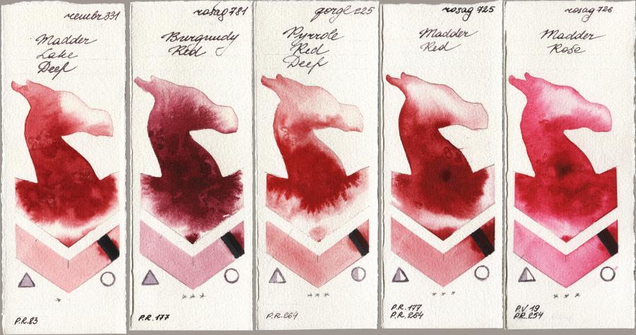 Royal Talens Rembrandt Watercolour 331 Madder Lake Deep vs Rosa Gallery 781 Burgundy Red vs Golden QOR 225 Pyrrole Red Deep vs 725 Madder Red vs 726 Madder Rose watercolor swatch