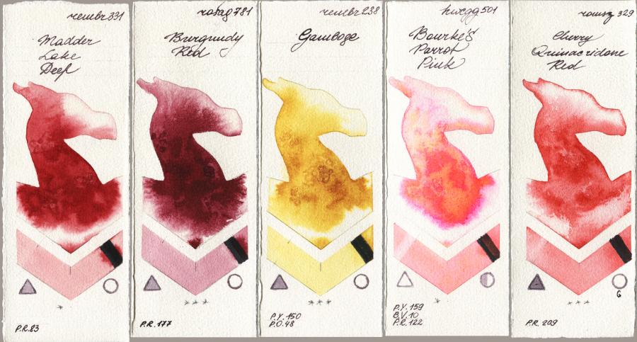 Royal Talens Rembrandt Watercolour 331 Madder Lake Deep vs Rosa Gallery 781 Burgundy Red vs 238 Gamboge vs Holbein Artists Watercolor 501 Bourkes Parrot Pink vs Roman Szmal Aquarius 329 Cherry Quinacridone Red watercolor swatch