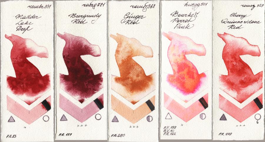 Royal Talens Rembrandt Watercolour 331 Madder Lake Deep vs Rosa Gallery 781 Burgundy Red vs Roman Szmal Aquarius 368 Genger Red vs Holbein Artists Watercolor 501 Bourkes Parrot Pink vs 329 Cherry Quinacridone Red watercolor swatch