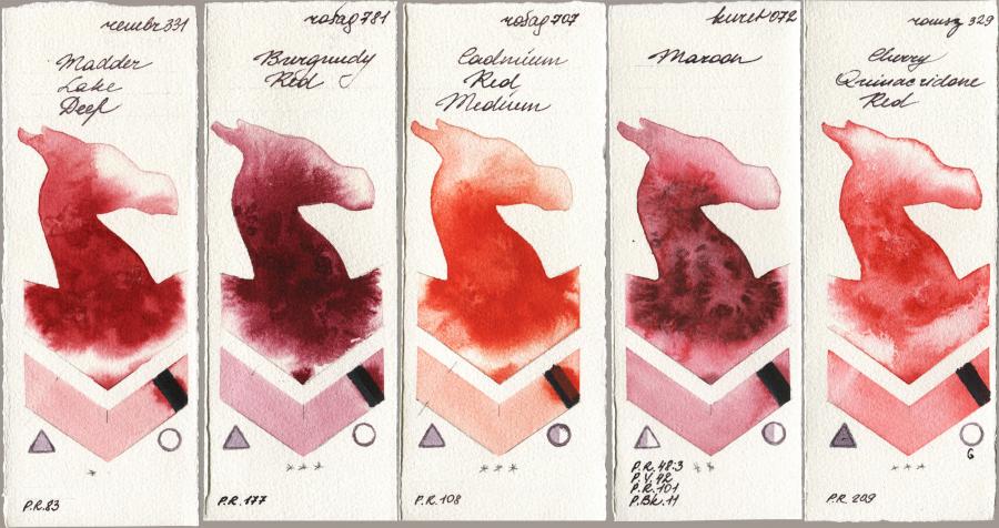 Royal Talens Rembrandt Watercolour 331 Madder Lake Deep vs Rosa Gallery 781 Burgundy Red vs 707 Cadmium Red Medium vs Kuretake Gansai Tambi 072 Maroon vs Roman Szmal Aquarius 329 Cherry Quinacridone Red watercolor swatch