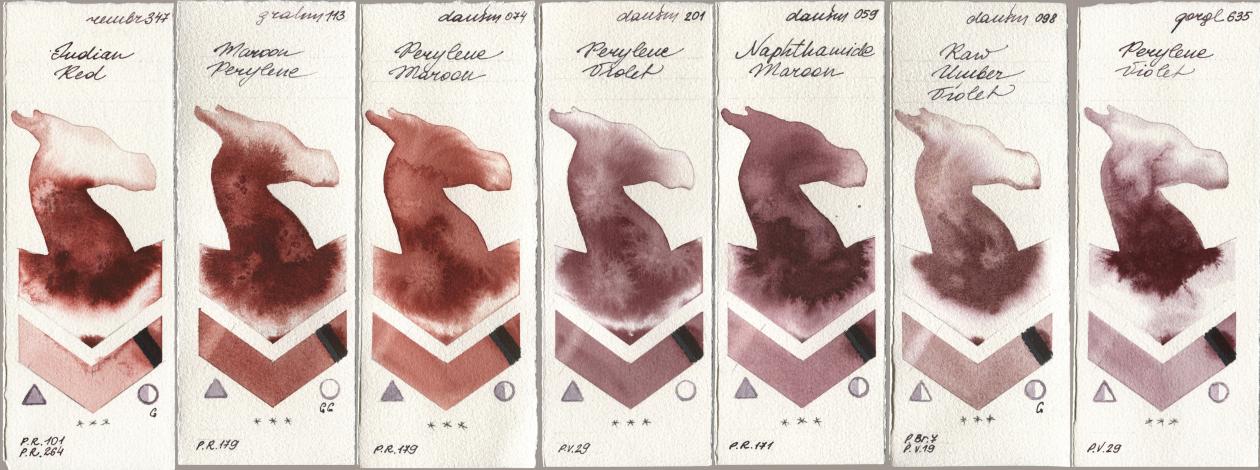 Royal Talens Rembrandt Watercolour 347 Indian Red, M. Graham & Co. Artists 113 Maroon Perylene, Daniel Smith 074 Perylene Maroon, 201 Perylene Violet, 059 Naphthamide Maroon, 098 Raw Umber Violet, Golden QOR 635 Perylene Viol watercolor swatch