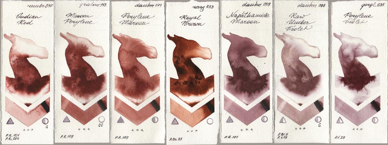 Royal Talens Rembrandt Watercolour 347 Indian Red, M. Graham & Co. Artists 113 Maroon Perylene, Daniel Smith 074 Perylene Maroon, Rosa Gallery 753 Royal Brown, 059 Naphthamide Maroon, 098 Raw Umber Violet, Golden QOR 635 Perylene Viol watercolor swatch