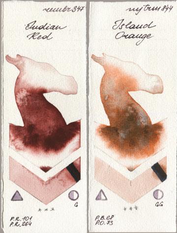Royal Talens Rembrandt Watercolour 347 Indian Red, Mijello Mission Gold 844 Island Oran watercolor swatch