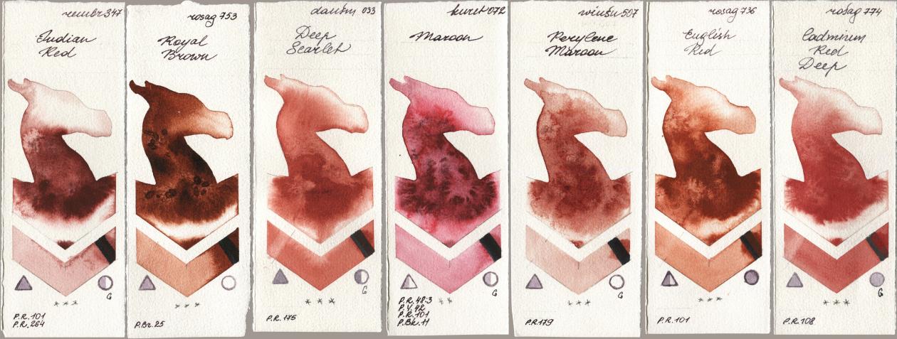 Royal Talens Rembrandt Watercolour 347 Indian Red, Rosa Gallery 753 Royal Brown, Daniel Smith 033 Deep Scarlet, Kuretake Gansai Tambi 072 Maroon, Winsor & Newton Professional 507 Perylene Maroon, 736 English Red, 774 Cadmium Red De watercolor swatch