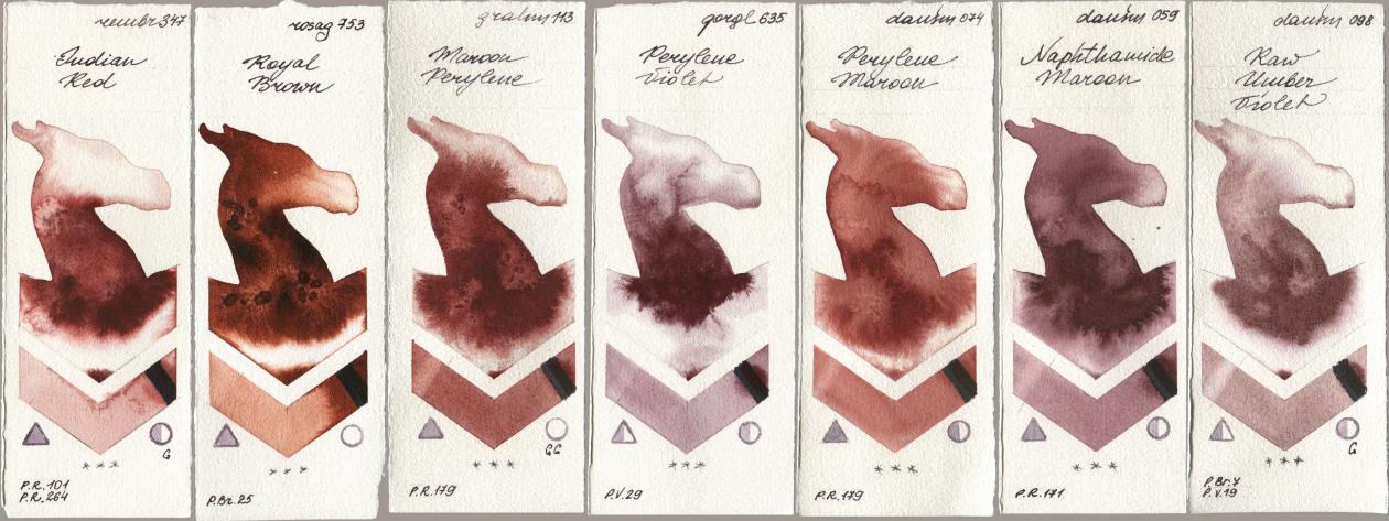 Royal Talens Rembrandt Watercolour 347 Indian Red, Rosa Gallery 753 Royal Brown, M. Graham & Co. Artists 113 Maroon Perylene, Golden QOR 635 Perylene Violet, Daniel Smith 074 Perylene Maroon, 059 Naphthamide Maroon, 098 Raw Umber Viol watercolor swatch