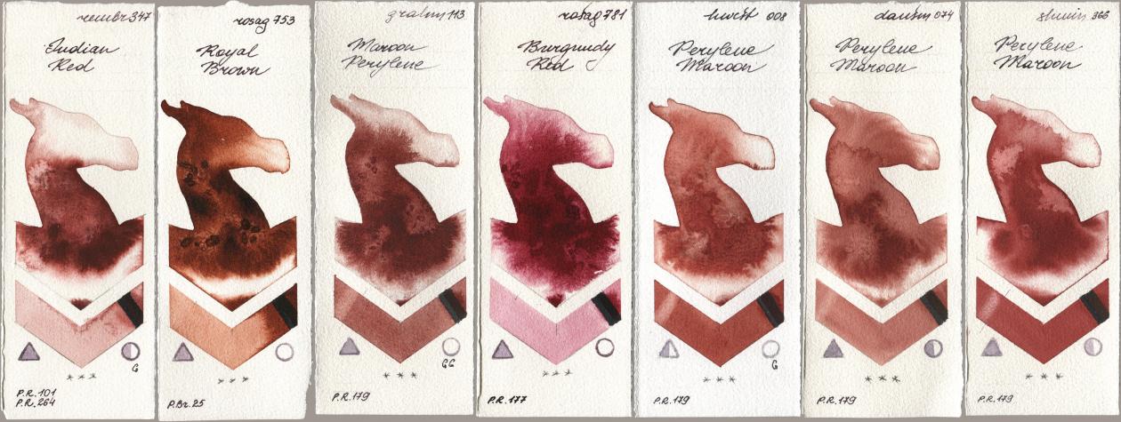Royal Talens Rembrandt Watercolour 347 Indian Red, Rosa Gallery 753 Royal Brown, M. Graham & Co. Artists 113 Maroon Perylene, 781 Burgundy Red, Holbein Artists Watercolor 008 Perylene Maroon, Daniel Smith 074 Perylene Maroon, Shminke Horadam Aquarell 366 Perylene Maro watercolor swatch