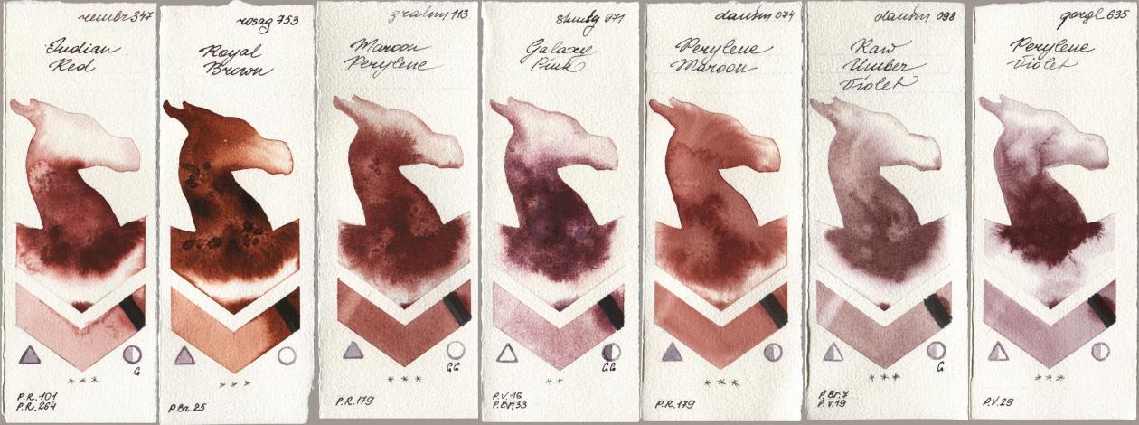 Royal Talens Rembrandt Watercolour 347 Indian Red, Rosa Gallery 753 Royal Brown, M. Graham & Co. Artists 113 Maroon Perylene, Shminke Horadam Aquarell 971 Galaxy Pink, Daniel Smith 074 Perylene Maroon, 098 Raw Umber Violet, Golden QOR 635 Perylene Viol watercolor swatch