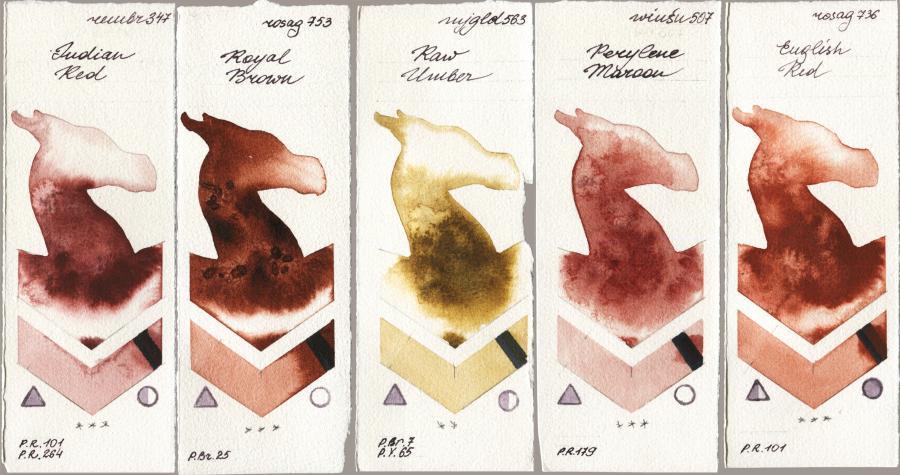 Royal Talens Rembrandt Watercolour 347 Indian Red vs Rosa Gallery 753 Royal Brown vs Mijello Mission Gold 563 Raw Umber vs Winsor & Newton Professional 507 Perylene Maroon vs 736 English Red watercolor swatch
