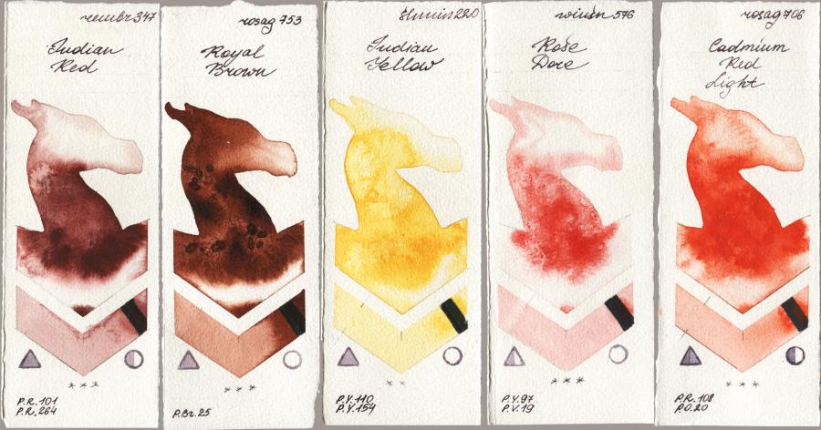 Royal Talens Rembrandt Watercolour 347 Indian Red vs Rosa Gallery 753 Royal Brown vs Shminke Horadam Aquarell 220 Indian Yellow vs Winsor & Newton Professional 576 Rose Dore vs 706 Cadmium Red Light watercolor swatch