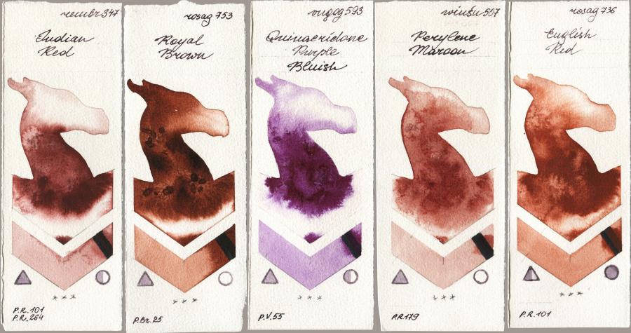 Royal Talens Rembrandt Watercolour 347 Indian Red vs Rosa Gallery 753 Royal Brown vs Royal Talens Van Gogh Watercolour 593 Quinacridone Purple Bluish vs Winsor & Newton Professional 507 Perylene Maroon vs 736 English Red watercolor swatch