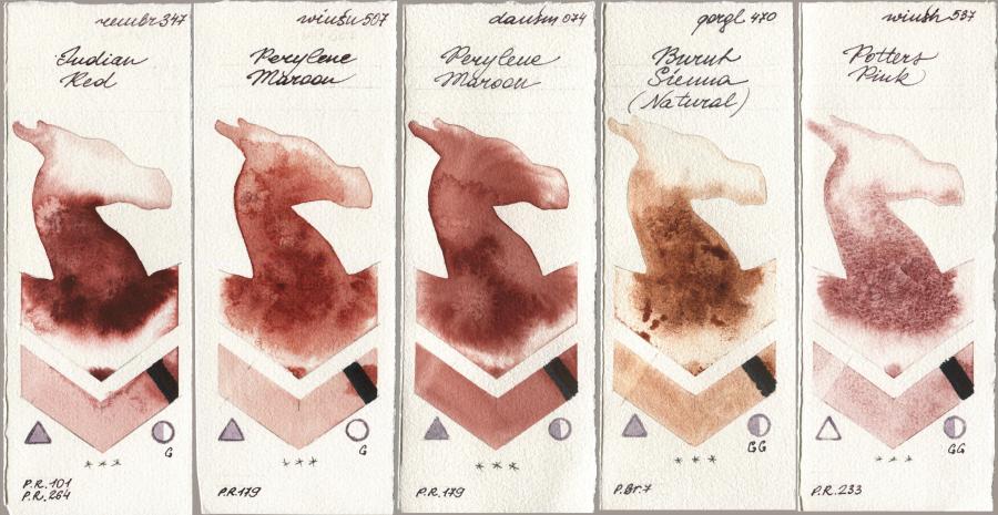 Royal Talens Rembrandt Watercolour 347 Indian Red, Winsor & Newton Professional 507 Perylene Maroon, Daniel Smith 074 Perylene Maroon, Golden QOR 470 Burnt Sienna (Natural), 537 Potters Pi watercolor swatch