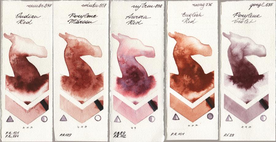 Royal Talens Rembrandt Watercolour 347 Indian Red vs Winsor & Newton Professional 507 Perylene Maroon vs Mijello Mission Gold 806 Aurora Red vs Rosa Gallery 736 English Red vs Golden QOR 635 Perylene Violet watercolor swatch