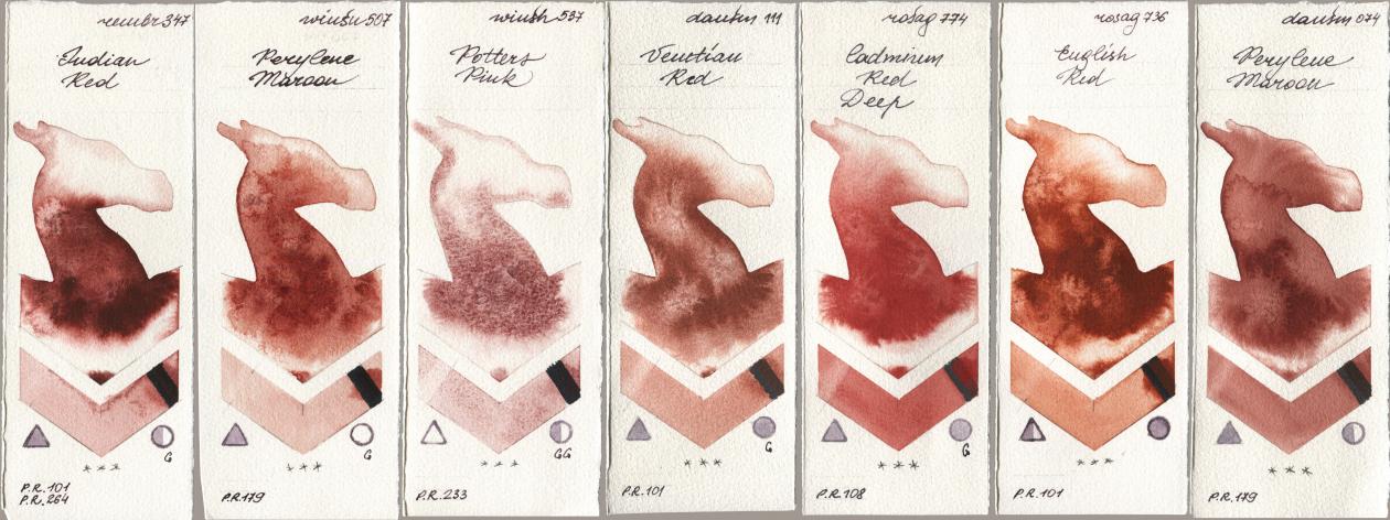 Royal Talens Rembrandt Watercolour 347 Indian Red, Winsor & Newton Professional 507 Perylene Maroon, 537 Potters Pink, Daniel Smith 111 Venetian Red, Rosa Gallery 774 Cadmium Red Deep, 736 English Red, 074 Perylene Maro watercolor swatch