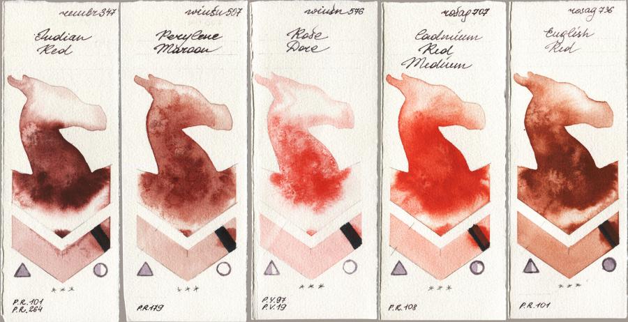 Royal Talens Rembrandt Watercolour 347 Indian Red vs Winsor & Newton Professional 507 Perylene Maroon vs 576 Rose Dore vs Rosa Gallery 707 Cadmium Red Medium vs 736 English Red watercolor swatch