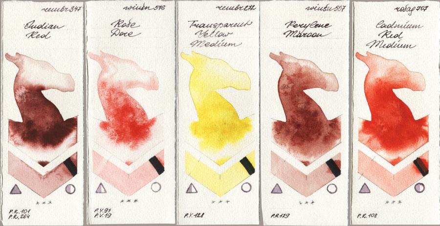 Royal Talens Rembrandt Watercolour 347 Indian Red vs Winsor & Newton Professional 576 Rose Dore vs 272 Transparent Yellow Medium vs 507 Perylene Maroon vs Rosa Gallery 707 Cadmium Red Medium watercolor swatch