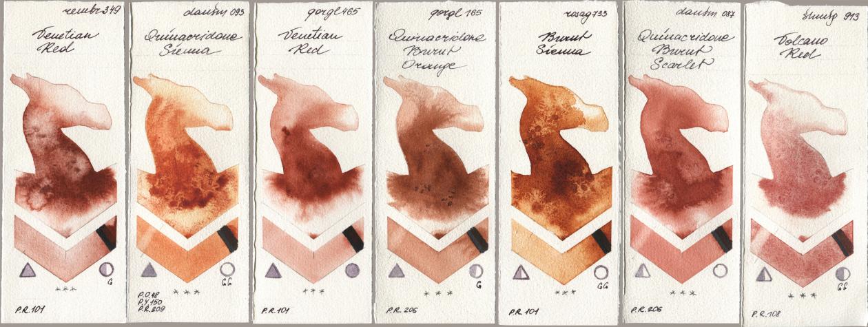 Royal Talens Rembrandt Watercolour 349 Venerian Red, Daniel Smith 093 Quinacridone Sienna, Golden QOR 465 Venetian Red, 165 Quinacridone Burnt Orange, Rosa Gallery 733 Burnt Sienna, 087 Quinacridone Burnt Scarlet, Shminke Horadam Aquarell 913 Volcano R watercolor swatch