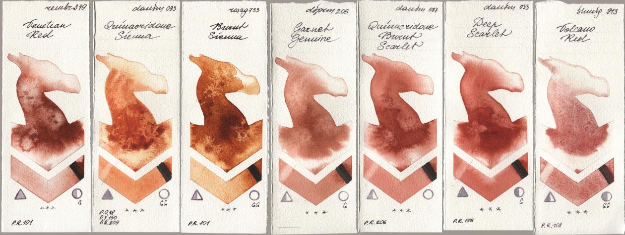 Royal Talens Rembrandt Watercolour 349 Venerian Red, Daniel Smith 093 Quinacridone Sienna, Rosa Gallery 733 Burnt Sienna, 205 Garnet Genuine, 087 Quinacridone Burnt Scarlet, 033 Deep Scarlet, Shminke Horadam Aquarell 913 Volcano R watercolor swatch