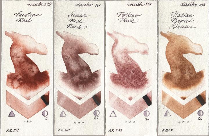 Royal Talens Rembrandt Watercolour 349 Venerian Red, Daniel Smith 141 Lunar Red Rock, Winsor & Newton Professional 537 Potters Pink, 047 Italian Burnt Sien watercolor swatch