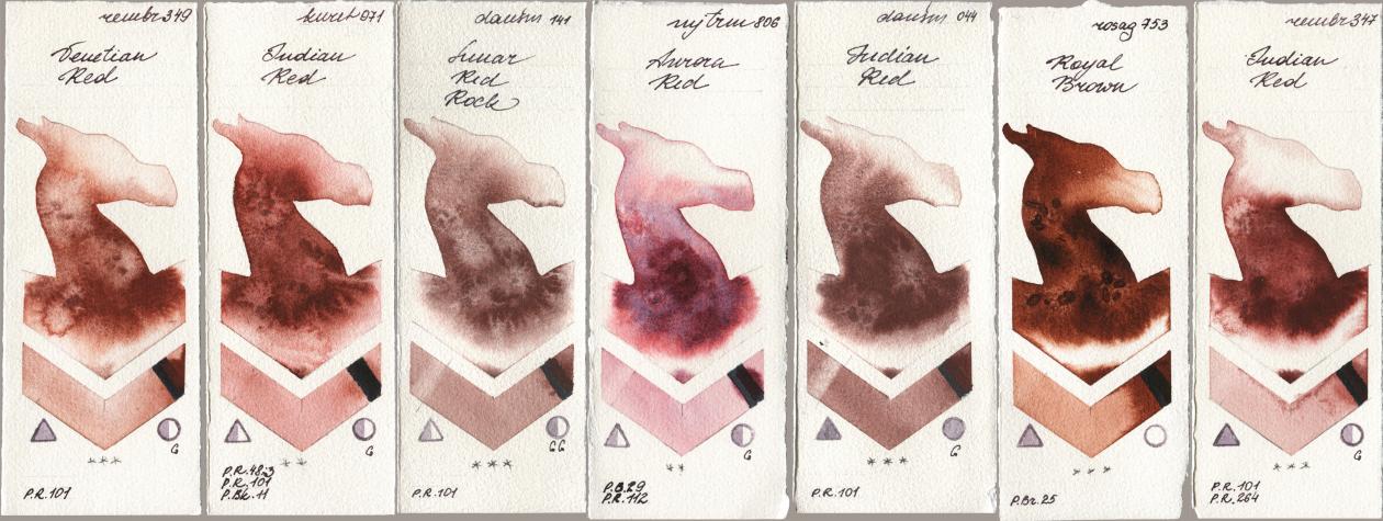 Royal Talens Rembrandt Watercolour 349 Venerian Red, Kuretake Gansai Tambi 071 Indian Red, Daniel Smith 141 Lunar Red Rock, Mijello Mission Gold 806 Aurora Red, 044 Indian Red, Rosa Gallery 753 Royal Brown, 347 Indian R watercolor swatch