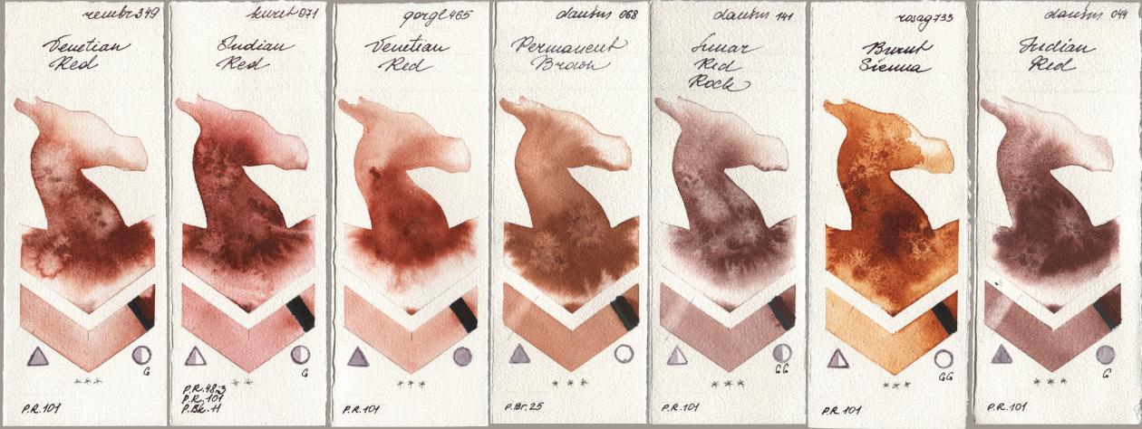 Royal Talens Rembrandt Watercolour 349 Venerian Red, Kuretake Gansai Tambi 071 Indian Red, Golden QOR 465 Venetian Red, Daniel Smith 068 Permanent Brown, 141 Lunar Red Rock, Rosa Gallery 733 Burnt Sienna, 044 Indian R watercolor swatch