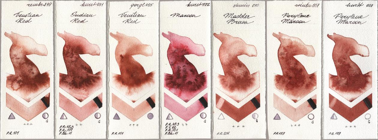 Royal Talens Rembrandt Watercolour 349 Venerian Red, Kuretake Gansai Tambi 071 Indian Red, Golden QOR 465 Venetian Red, 072 Maroon, Shminke Horadam Aquarell 670 Madder Brown, Winsor & Newton Professional 507 Perylene Maroon, Holbein Artists Watercolor 008 Perylene Maro watercolor swatch