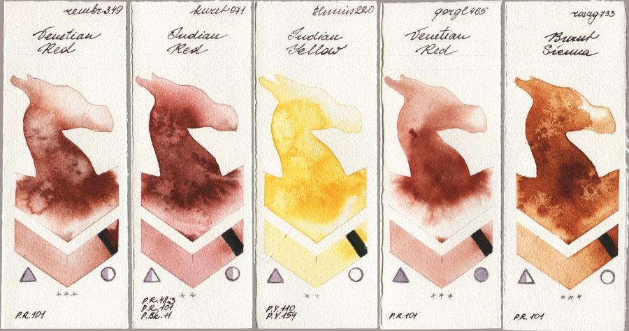 Royal Talens Rembrandt Watercolour 349 Venerian Red vs Kuretake Gansai Tambi 071 Indian Red vs Shminke Horadam Aquarell 220 Indian Yellow vs Golden QOR 465 Venetian Red vs Rosa Gallery 733 Burnt Sienna watercolor swatch