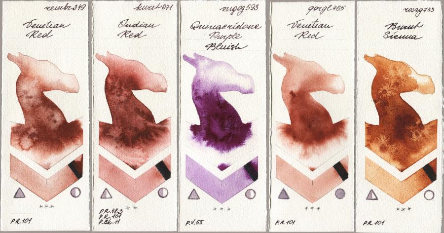 Royal Talens Rembrandt Watercolour 349 Venerian Red vs Kuretake Gansai Tambi 071 Indian Red vs Royal Talens Van Gogh Watercolour 593 Quinacridone Purple Bluish vs Golden QOR 465 Venetian Red vs Rosa Gallery 733 Burnt Sienna watercolor swatch