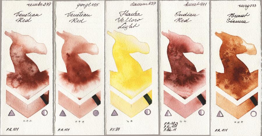 Royal Talens Rembrandt Watercolour 349 Venerian Red vs Golden QOR 465 Venetian Red vs Daniel Smith 039 Hansa Yellow Light vs Kuretake Gansai Tambi 071 Indian Red vs Rosa Gallery 733 Burnt Sienna watercolor swatch
