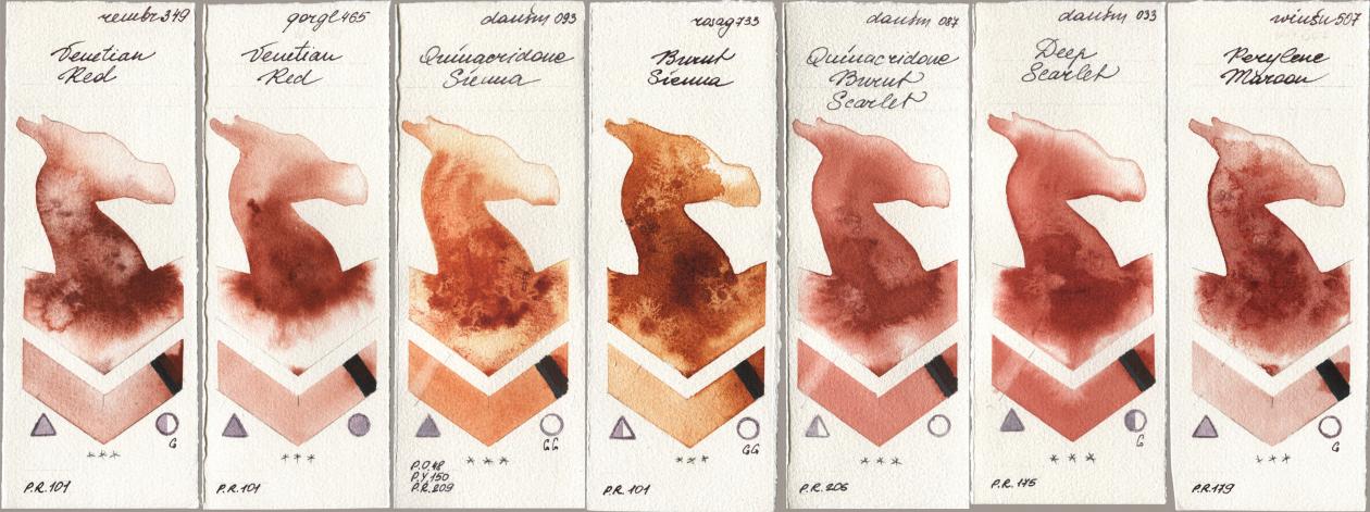 Royal Talens Rembrandt Watercolour 349 Venerian Red, Golden QOR 465 Venetian Red, Daniel Smith 093 Quinacridone Sienna, Rosa Gallery 733 Burnt Sienna, 087 Quinacridone Burnt Scarlet, 033 Deep Scarlet, Winsor & Newton Professional 507 Perylene Maro watercolor swatch