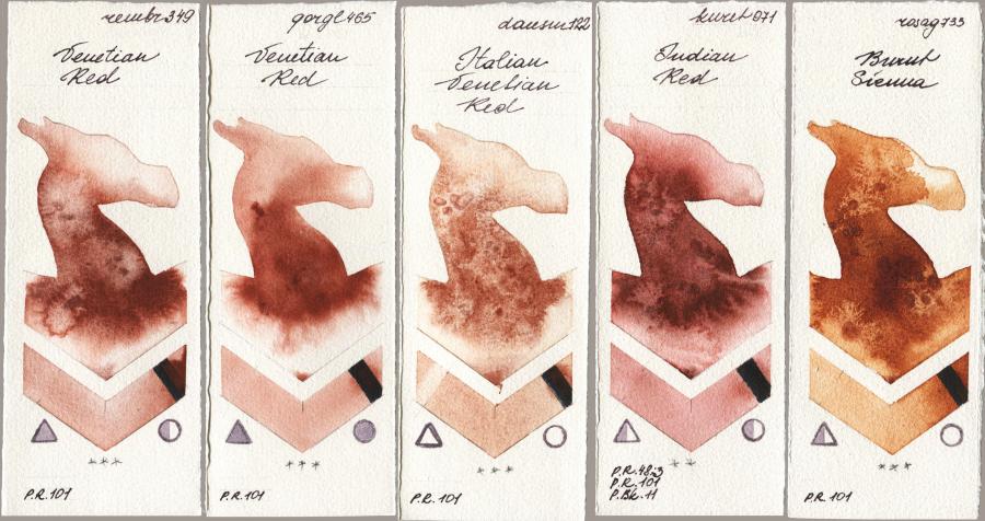 Royal Talens Rembrandt Watercolour 349 Venerian Red vs Golden QOR 465 Venetian Red vs Daniel Smith 122 Italian Venetian Red vs Kuretake Gansai Tambi 071 Indian Red vs Rosa Gallery 733 Burnt Sienna watercolor swatch