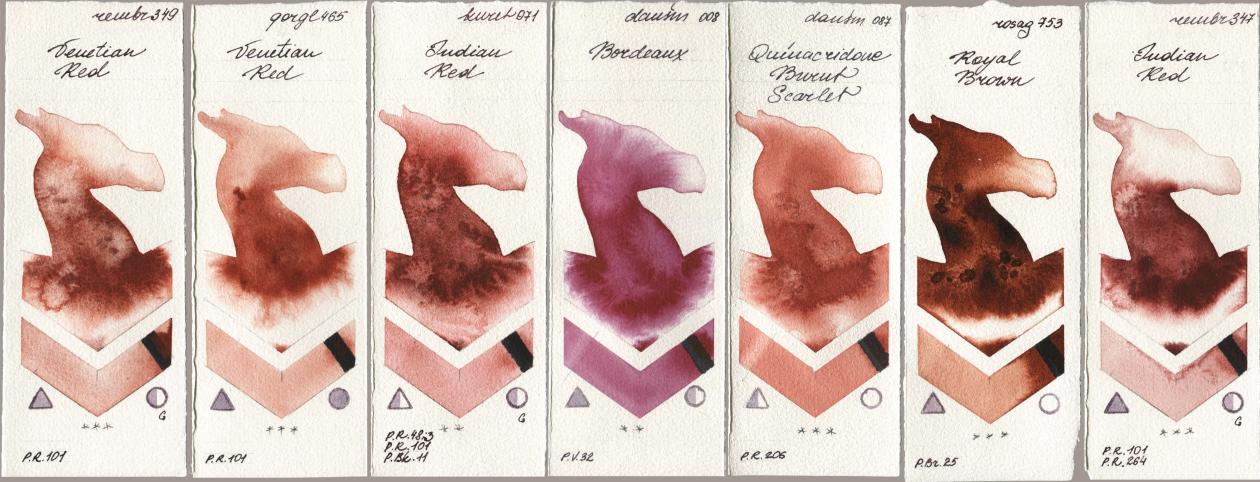 Royal Talens Rembrandt Watercolour 349 Venerian Red, Golden QOR 465 Venetian Red, Kuretake Gansai Tambi 071 Indian Red, Daniel Smith 008 Bordeaux, 087 Quinacridone Burnt Scarlet, Rosa Gallery 753 Royal Brown, 347 Indian R watercolor swatch
