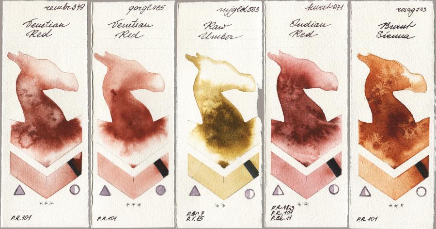 Royal Talens Rembrandt Watercolour 349 Venerian Red vs Golden QOR 465 Venetian Red vs Mijello Mission Gold 563 Raw Umber vs Kuretake Gansai Tambi 071 Indian Red vs Rosa Gallery 733 Burnt Sienna watercolor swatch