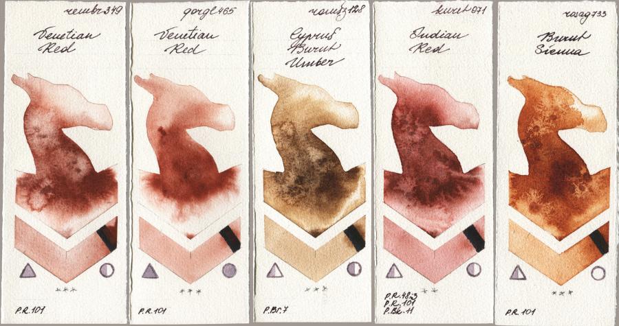 Royal Talens Rembrandt Watercolour 349 Venerian Red vs Golden QOR 465 Venetian Red vs Roman Szmal Aquarius 128 Cyprus Burnt Umber vs Kuretake Gansai Tambi 071 Indian Red vs Rosa Gallery 733 Burnt Sienna watercolor swatch