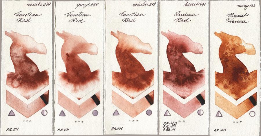Royal Talens Rembrandt Watercolour 349 Venerian Red vs Golden QOR 465 Venetian Red vs Winsor & Newton Professional 678 Venetian Red vs Kuretake Gansai Tambi 071 Indian Red vs Rosa Gallery 733 Burnt Sienna watercolor swatch