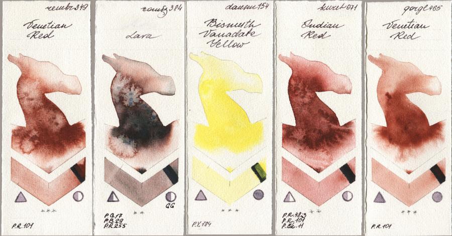 Royal Talens Rembrandt Watercolour 349 Venerian Red vs Roman Szmal Aquarius 384 Lava vs Daniel Smith 154 Bismuth Vanadate Yellow vs Kuretake Gansai Tambi 071 Indian Red vs Golden QOR 465 Venetian Red watercolor swatch